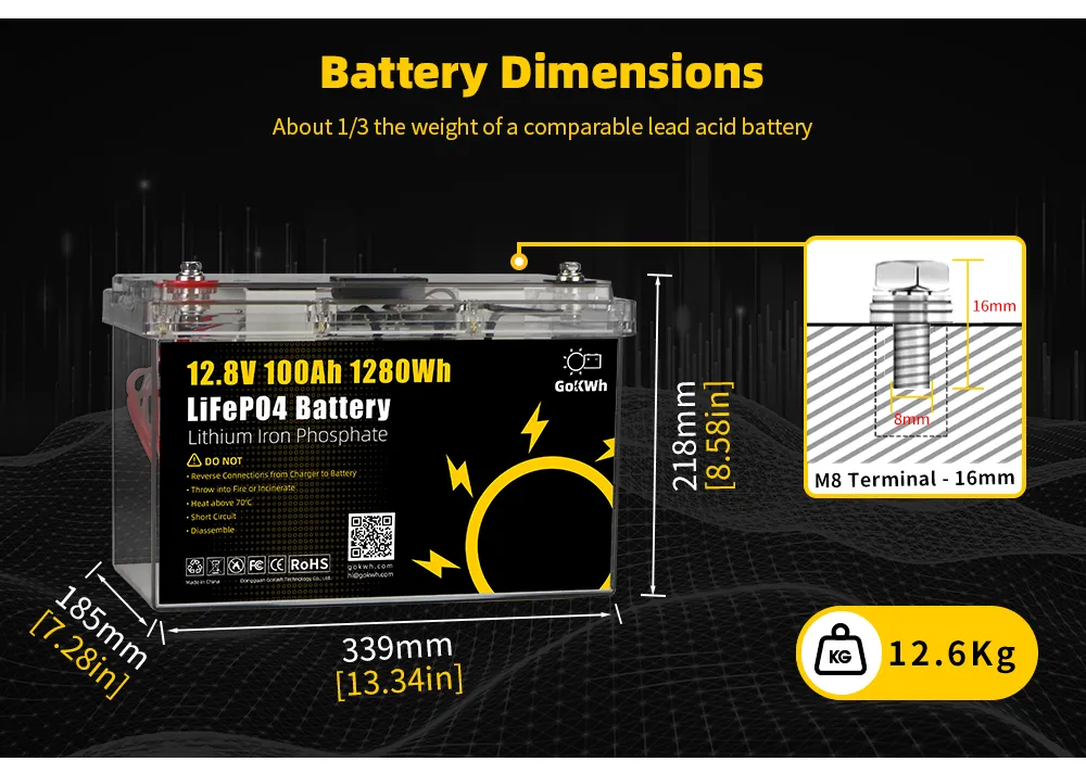 GoKWh 12V 100Ah LCD Screen LiFePO4 Battery Dimensions