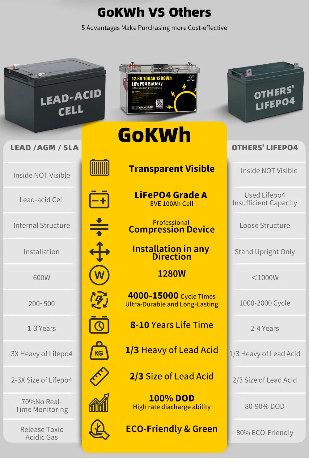 GoKWh 12V 100Ah LCD Screen LiFePO4 Battery VS.