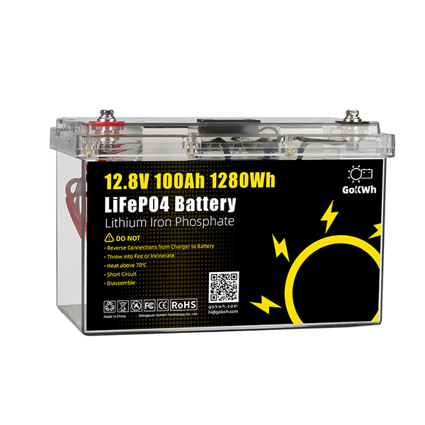 GoKWh 12V 100Ah 1280Wh LiFePO4 Battery Built-in BMS & Power Voltage Display  & Transparent Case - Lightning