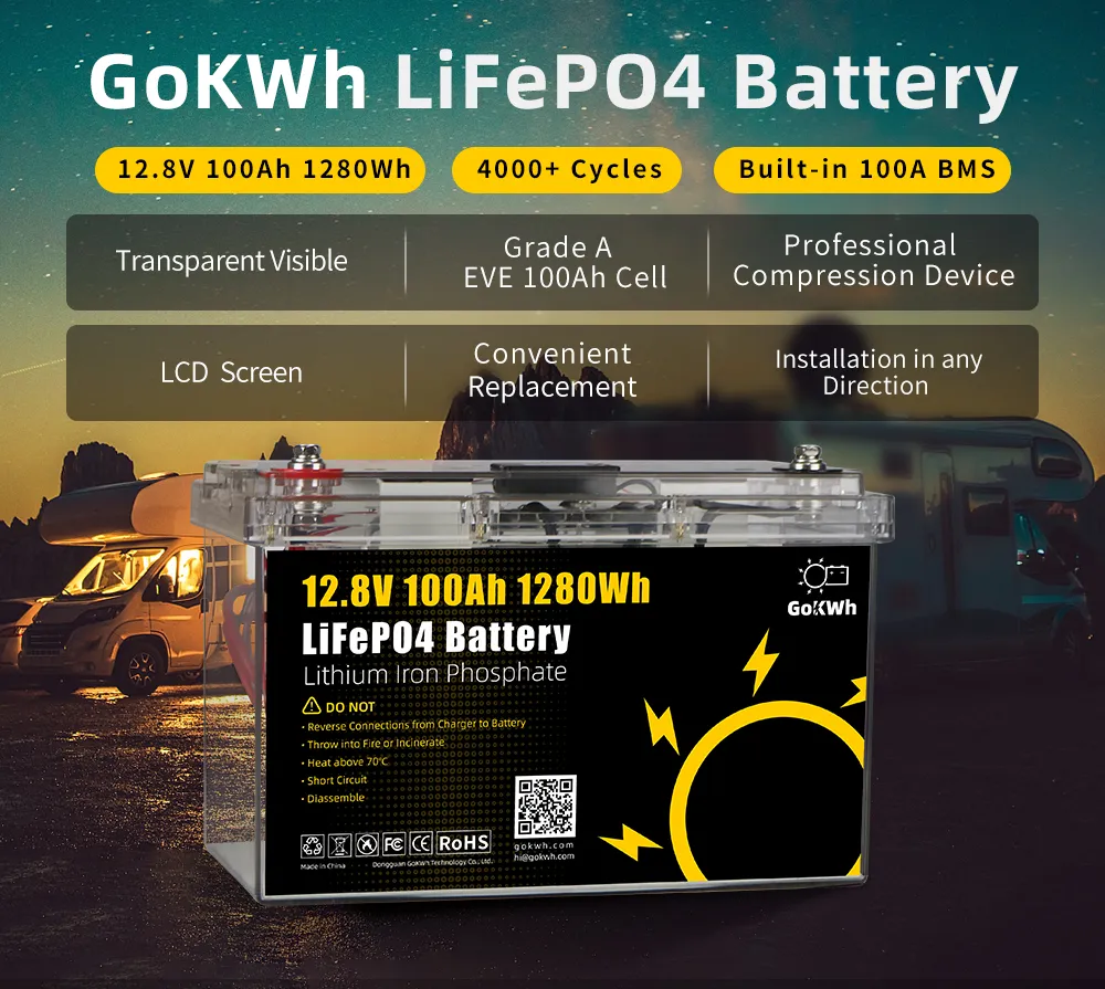 GoKWh 12V 100Ah LCD Screen LiFePO4 Battery