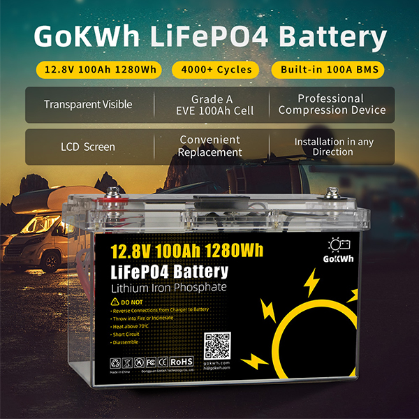 GoKWh 12V 100Ah 1280Wh LiFePO4 Battery Built-in BMS & Power
