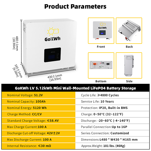 GoKWh POLO Mini 48V 100Ah 5KWh LiFePO4LFP Wall-mounted Battery Storage Product Parameters