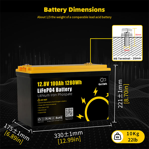 GoKWh 12V 100Ah Built-in BMS LiFePO4 Battery-Dimenisons